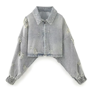 Women's Ripped Distressed Washed Denim Jacket Cropped Long Sleeve Zipper Front Chic Streetwear Lapel Coat