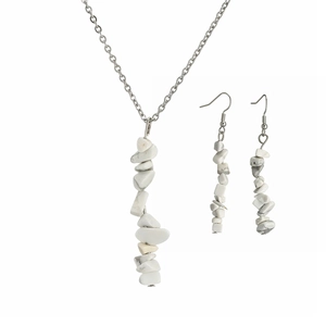 Detail view of handmade white agate crushed stone necklace and earring jewelry set