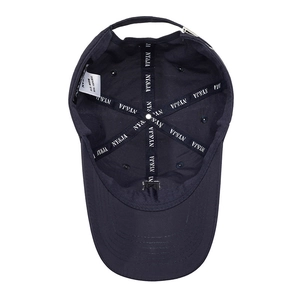Navy blue cotton baseball cap with adjustable metal buckle and breathable interior seams