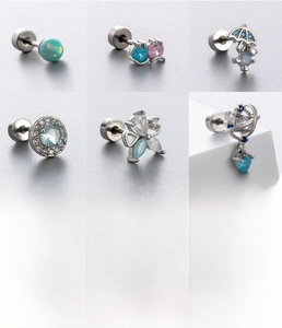 Detailed specs of titanium steel screw-back stud earrings with diverse geometric shapes