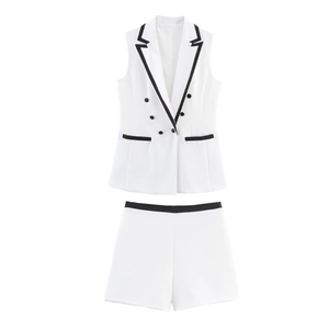 Femme Gilet Sans Manches Et Short Couleur Contrastée Gilet Croisé Professionnel Tenue Bureau Élégante Polyester Blanc