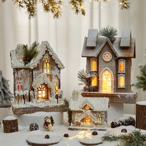 Christmas Light Up Wooden House Ornaments Snow Covered Village LED Warm Glowing Tabletop European Style Winter Decor
