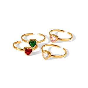 Set of four 18k gold plated stainless steel rings with colorful heart shaped gemstones