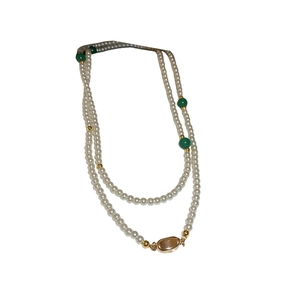 Double-layer pearl necklace with green agate beads and gold accents for women