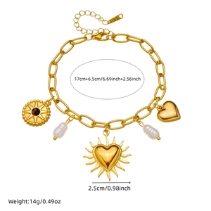 Gold plated stainless steel bracelet with baroque pearls and heart sunflower pendants