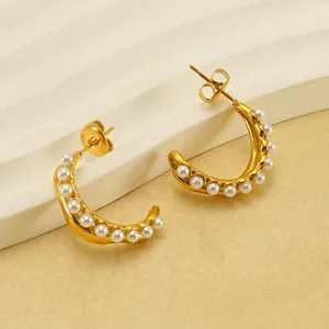 C Shaped Hoop Earrings Stainless Steel 18K Gold Plated Geometric Hollow Design Faux Artificial Pearl Inlay French Style Elegant For Women