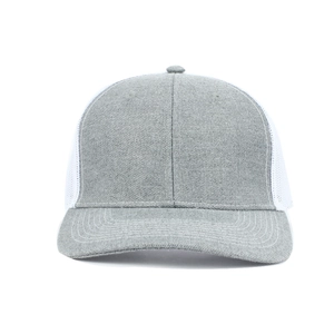 Front view of grey and white mesh trucker hat with a curved brim and breathable back