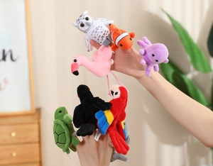 Detailed close-up of colorful ocean animal plush finger puppets for early education