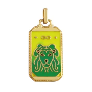 Macro detail of tarot lion pendant in gold plated copper with green enamel and zircon