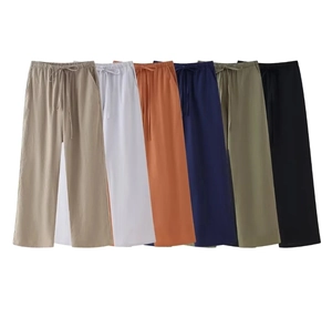 Selection of wide leg cotton linen trousers in six colors with adjustable drawstring waist