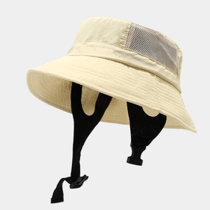 Beige wide brim sun hat with breathable mesh vents and adjustable chin strap for surfing