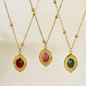 French vintage style 14K gold-plated stainless steel necklaces with natural stone pendants