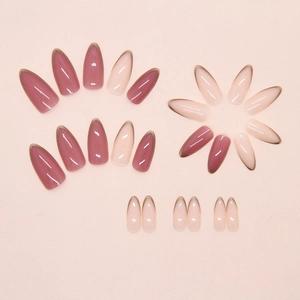 French almond press on nails with bean paste pink color and gold metal edge design