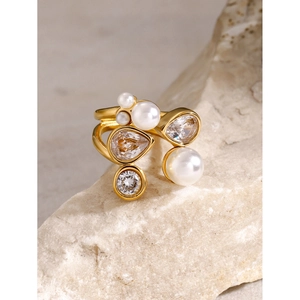 18k gold plated stainless steel open ring with irregular white pearls and zircon crystals