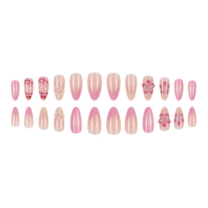 Pink almond press-on nails with 3D floral designs, pearls, and French tips, set of 24