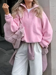 Women Polar Fleece Pullover Half Zip Lapel Collar Loose Fit Long Sleeve Casual Sporty Sweatshirt Solid Color
