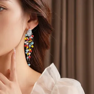 Elegant diamond-shaped zircon earrings with colorful glass tassels and long chain fringe