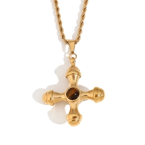 Gold-plated stainless steel helm pendant necklace with brown gemstone on twist chain