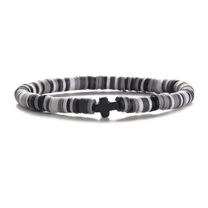 Black white and grey Heishi bead elastic bracelet with a matte black cross charm