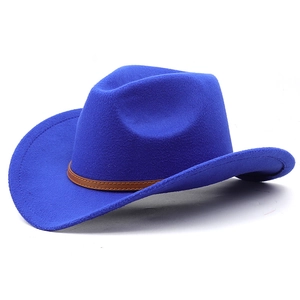 Classic bright blue western cowboy hat with brown leather band on white background