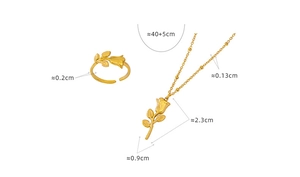 Golden rose jewelry set with necklace and open ring showing precise dimensions
