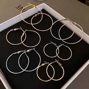 Boucles D'oreilles Créoles Rondes Géométriques Minimalistes En Alliage Poli Avec Tige En Argent Sterling 925 Pour Femmes