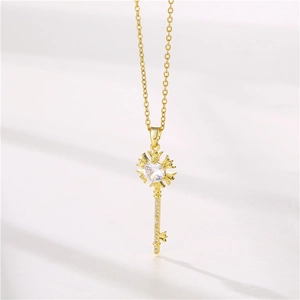 18K gold plated stainless steel key pendant necklace with micro-set zircon stones