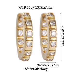 Detail showing 22mm gold hoop earrings with square zircon stones and size dimensions