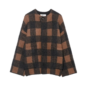 Women Plaid Knit Jacket Polyester Fuzzy Round Neck Long Sleeve Casual French Style Checkerboard Outerwear Button Closure