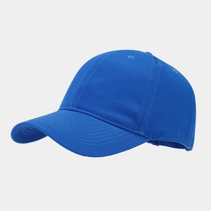 Close-up of a classic royal blue cotton baseball cap featuring reinforced visor stitching