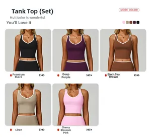 Dettagli dei set da yoga con scollo a V in cinque colori tra cui nero, viola, marrone e rosa