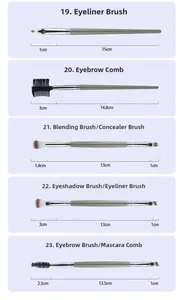 Detailed size specifications for eyeliner, eyebrow, and blending brushes in 23pcs set