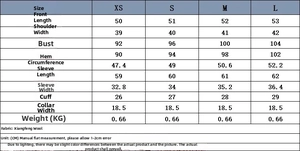 Size chart for women's short tweed blazer with detailed measurements in centimeters