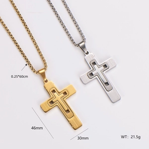 Polished gold and silver cross pendants with mesh texture and detailed dimensions