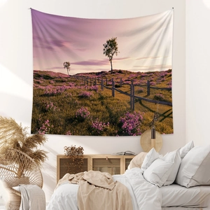 Bohemian nature tapestry featuring sunset landscape with lavender flowers for wall decor
