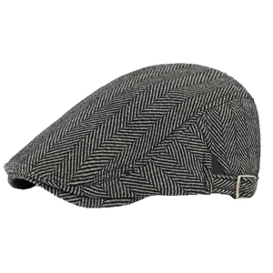 Classic herringbone flat cap in black and grey wool blend with metal side buckle for men