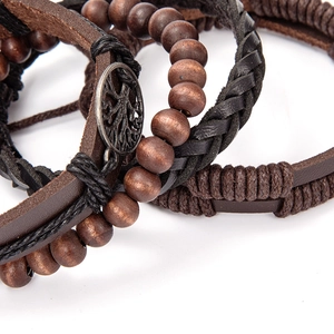 Brown braided leather multi-layer bracelet for men featuring a Tree of Life metal charm