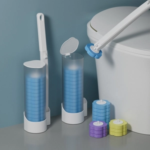 Disposable toilet brush set with long handle and multi-colored sponge refill heads