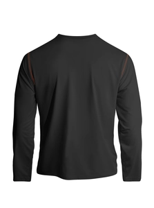 Back view of men's black Henley shirt with contrasting orange decorative stitching details