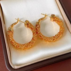 Macro detail of 24k gold plated mesh textured hoop earrings on premium velvet box
