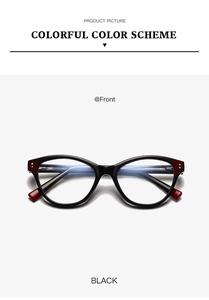Front view of black anti-blue light glasses frame with stylish red temple arms
