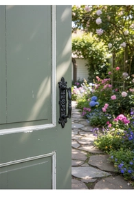 Detailed relief pattern on a vintage black cast iron door handle set on a green wooden door