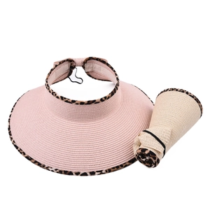 Straw sun visor hat with leopard trim and bow for women, foldable and portable