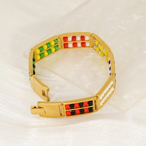 Gold titanium steel bracelet with multi-color natural stone beads in abacus style design