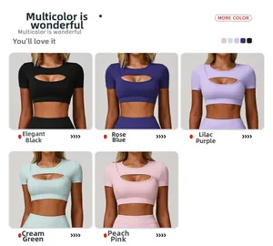 Dettaglio di top da yoga ad asciugatura rapida in cinque colori tra cui nero e blu