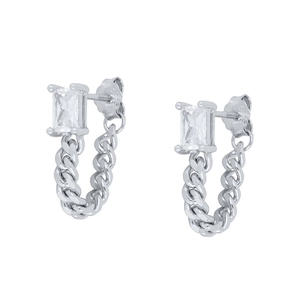 S925 silver stud earrings with square zircon and u-shaped curb chain dangle design