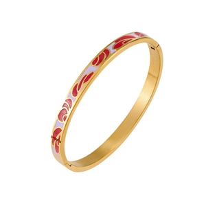 Golden stainless steel bangle with red and purple enamel patterns in modern art style