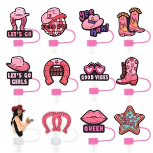 Straw Cover Toppers Western Cowgirl Silicone Dustproof Reusable Pink Decorative Accessories For Drinking Straws