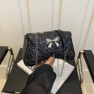 Sparkly Glitter Sequin Hobo Bag For Women With Metal Bowknot And Chain Strap Fashion Evening Party Shoulder Purse