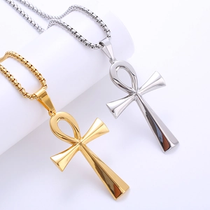 Polished gold and silver Egyptian Ankh cross pendant necklaces with box chains